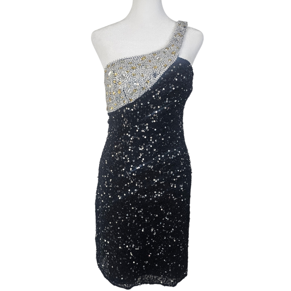Scala Black and‎ Silver/Gold Beads w/ Sequin One-Shoulder Dress
